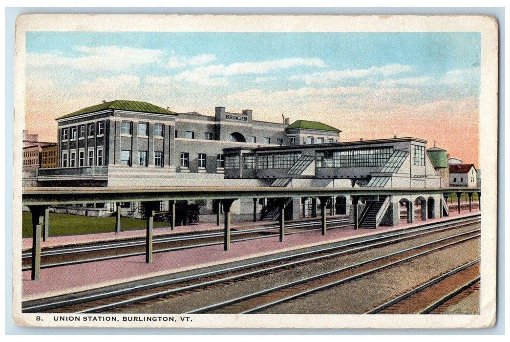 1923 Union Station Building View Rail Road Depot Burlington Vermont VT Postcard