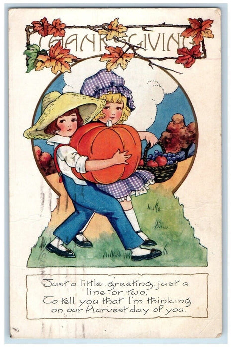 1922 Thanksgiving Greeting Girls Carrying Pumpkin Fruits In Basket Postcard