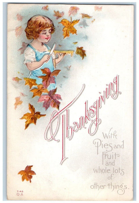 c1910's Thanksgiving Little Girl Slicing Pies Embossed Unposted Antique Postcard