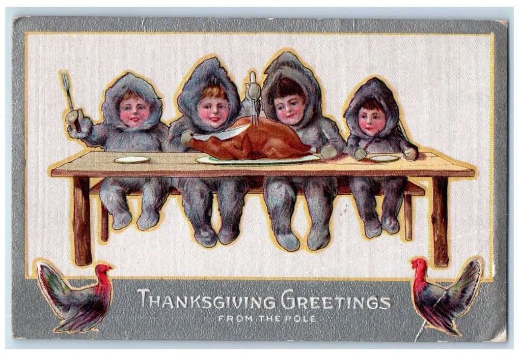 1911 Thanksgiving Greetings Children Eating Turkey Embossed Antique Postcard