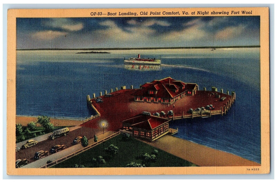 1948 Boat Landing Old Point Virginia At Night Showing Fort Wool VA Postcard