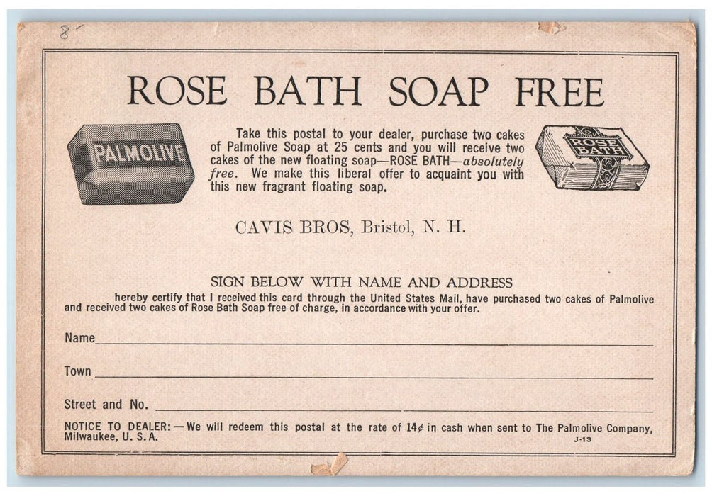 c1950 Rose Bath Soap Cavi's Bro's Bristol New Hampshire NH Advertising Postcard