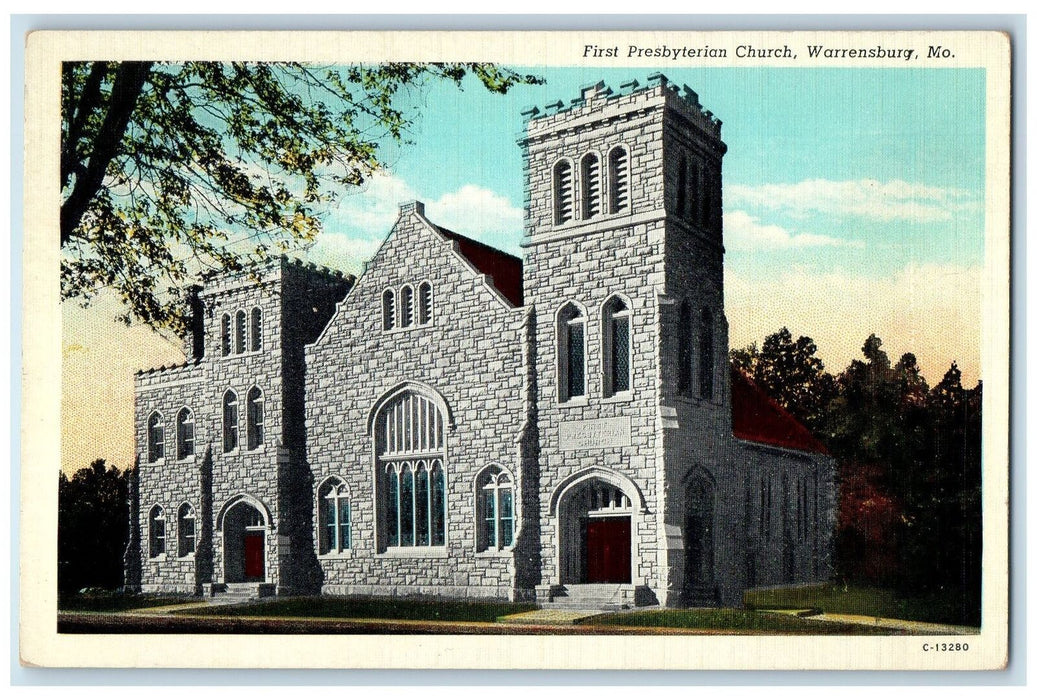 c1920 First Presbyterian Church Building Tower Warrensburg Missouri MO Postcard