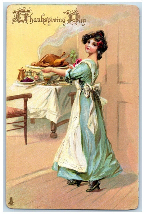 c1910's Thanksgiving Day Pretty Woman Cooked Turkey Embossed Tuck's Postcard