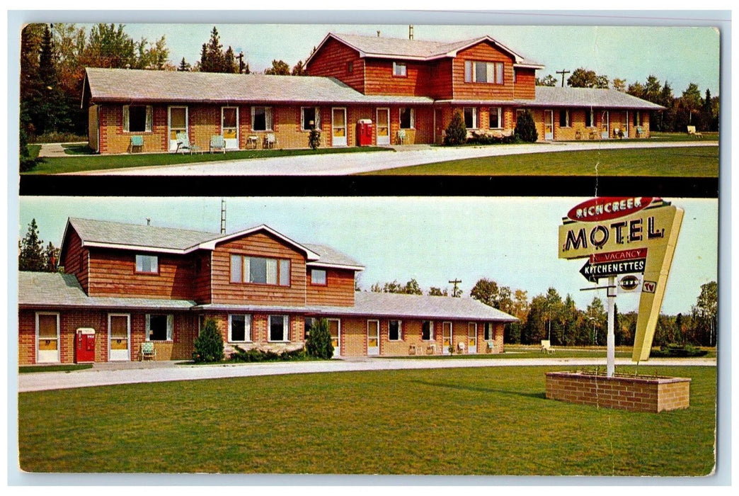 1963 Richcreek Motel Exterior Scene Cedarville Michigan MI Dual View Postcard