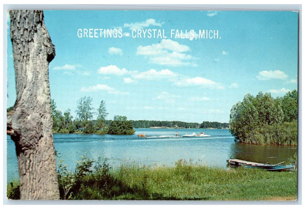 1964 Greetings Crystal Falls MI, Water Skiing Vacationland Scene Postcard