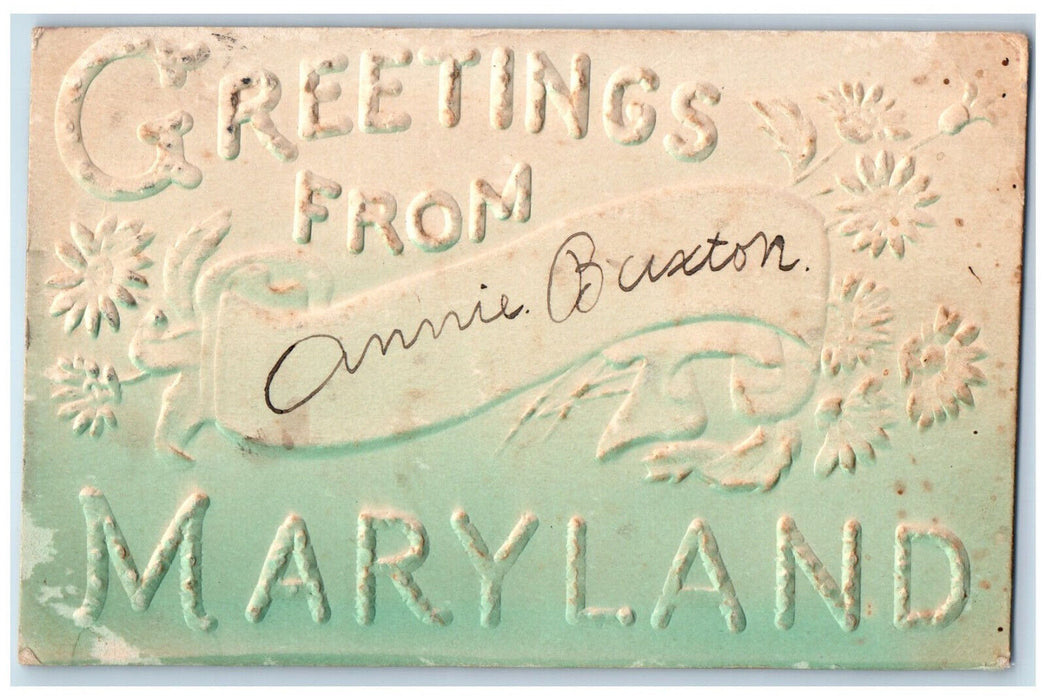 1909 Greetings From Mount Airy Maryland MD Embossed Airbrushed Antique Postcard