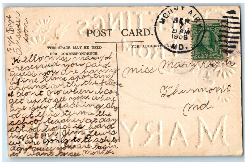 1909 Greetings From Mount Airy Maryland MD Embossed Airbrushed Antique Postcard