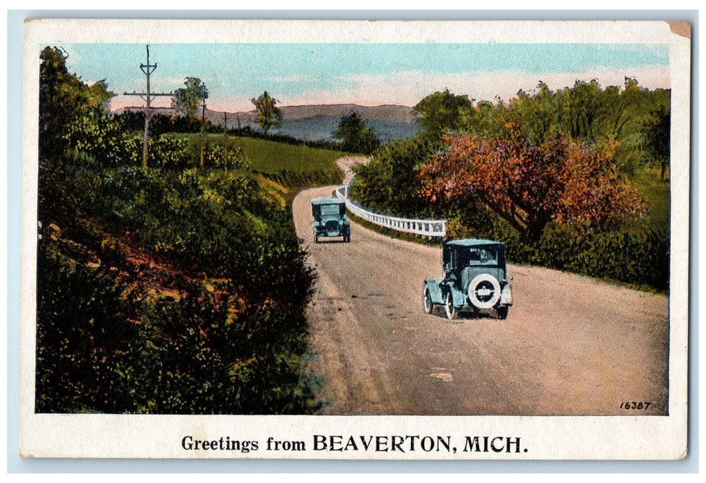 1924 Greetings From Beaverton Cars Scene Michigan MI Posted Vintage Postcard