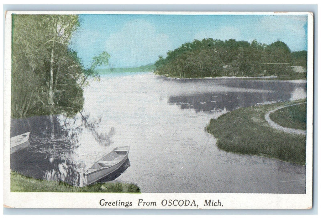 1925 Greetings From Oscoda Boats Scene Michigan MI Posted Vintage Postcard