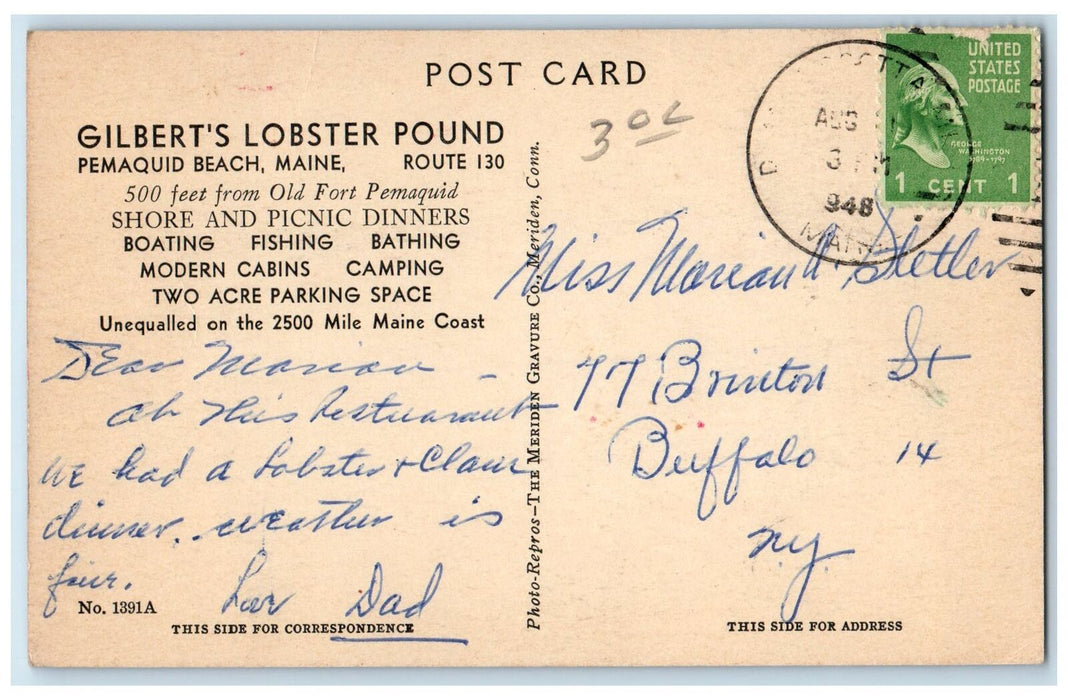 1948 Gilbert's Loster Pound Interior Restaurant Pemaquid Beach Maine ME Postcard