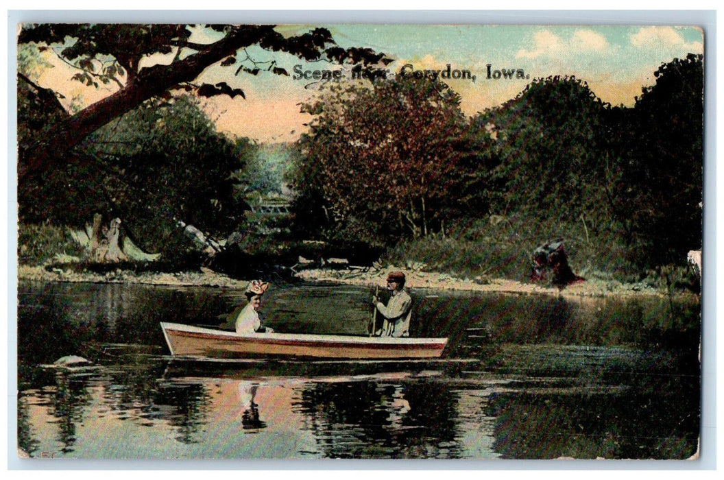 1913 Boat Canoeing Scene Near Corydon Iowa IA, Emporia KS Antique Postcard