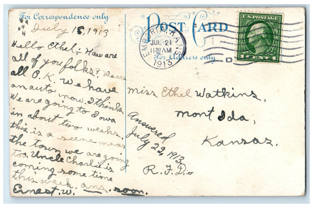 1913 Boat Canoeing Scene Near Corydon Iowa IA, Emporia KS Antique Postcard