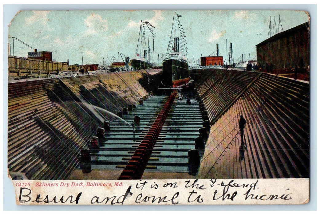 1908 View Of Skinners Ship Dry Dock Baltimore Maryland MD Antique Postcard