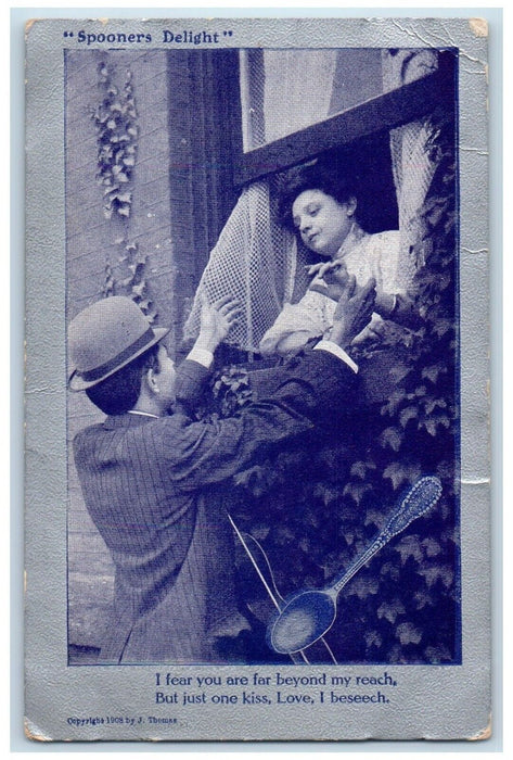 1909 Couple Romance Woman On Window Spooners Delight Modoc Indiana IN Postcard