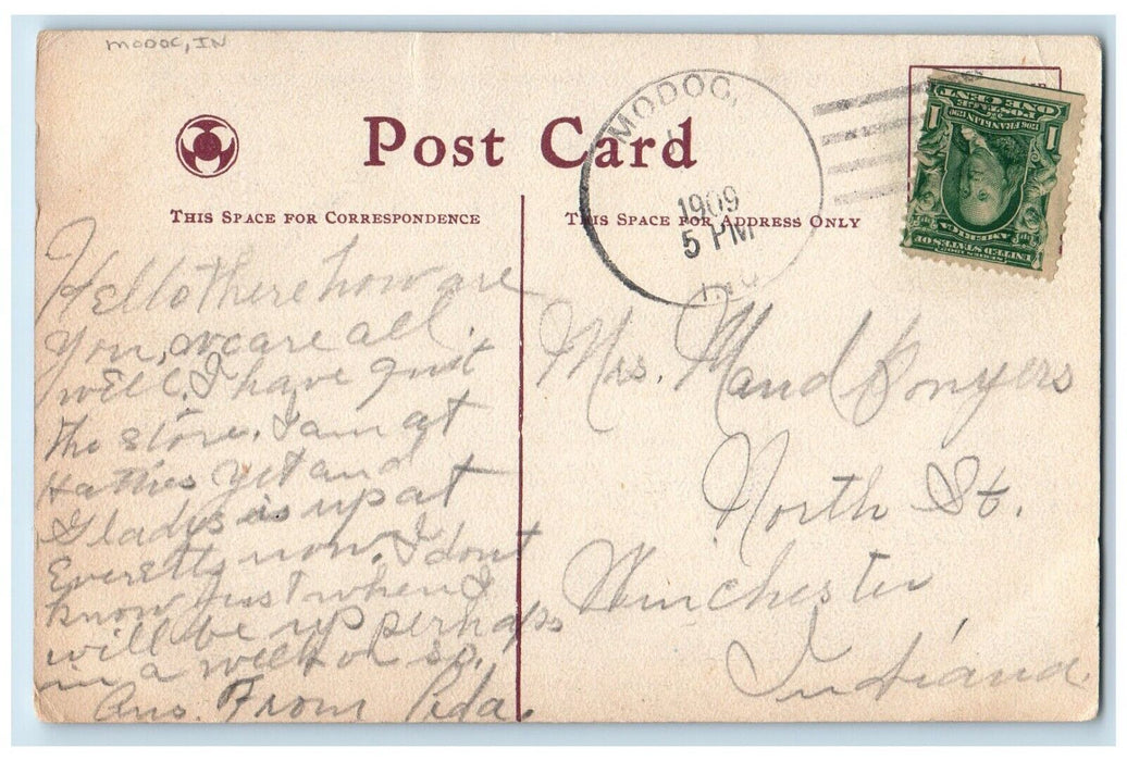 1909 Couple Romance Woman On Window Spooners Delight Modoc Indiana IN Postcard