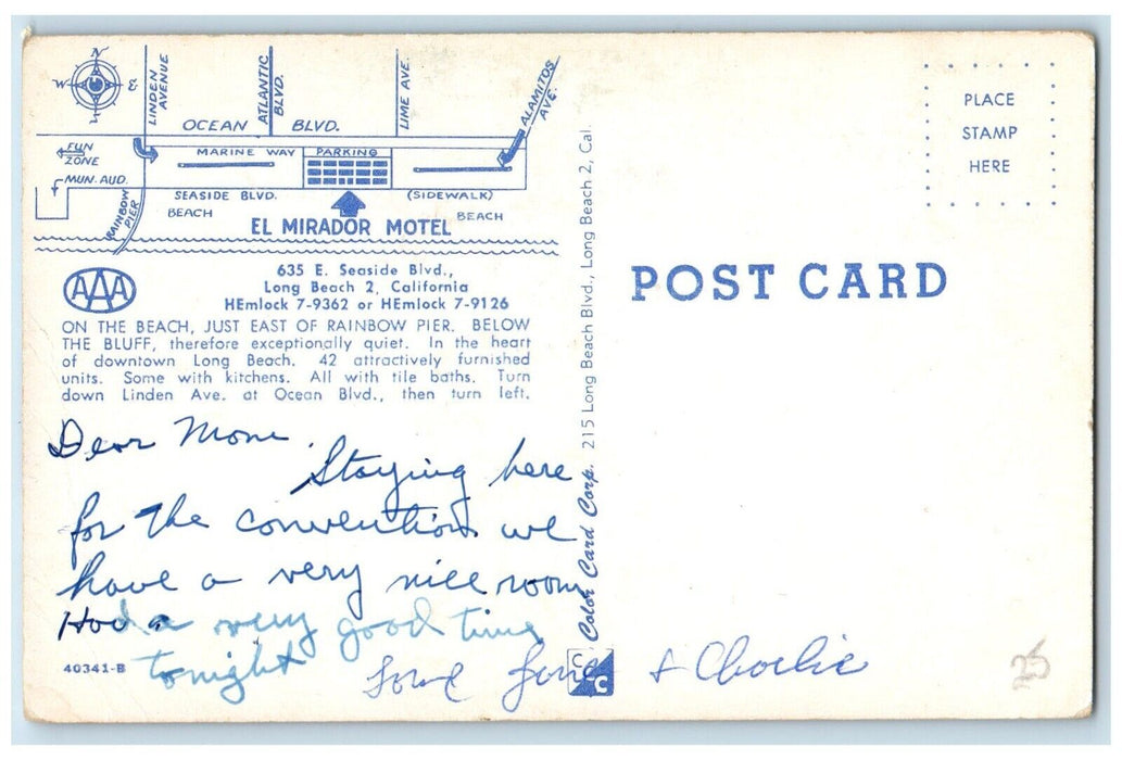 El Mirador Motel And Apartments Advertisement Long Beach California CA Postcard