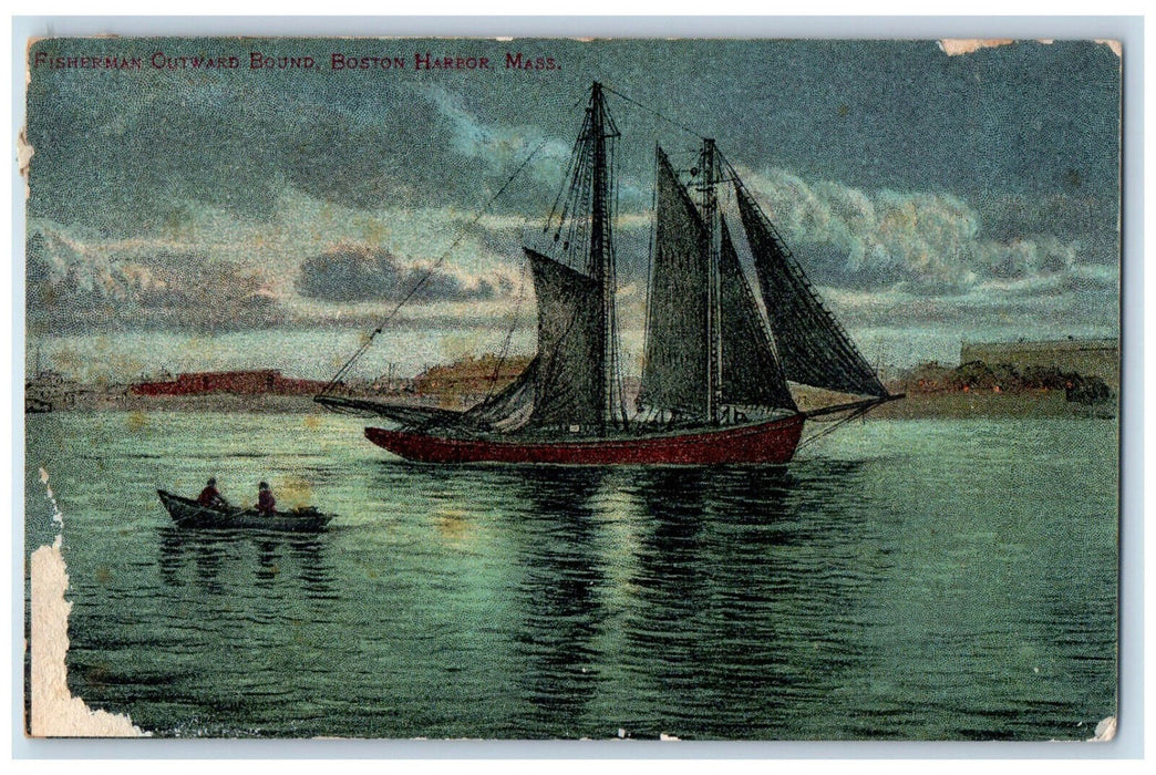 1907 Fisherman Outward Bound Boston Harbor Massachusetts MA Antique Postcard