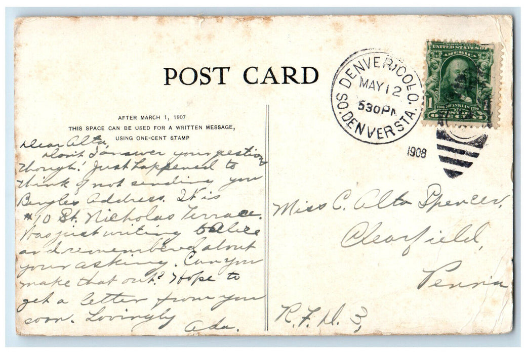 1908 The Thayer Publishing Co., Denver Colorado CO Antique Posted Postcard