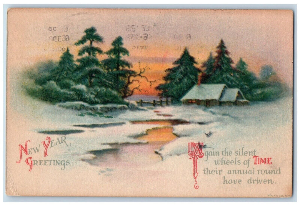 1919 New Year Greetings Pine Trees And House Winter Wolf Lancaster PA Postcard