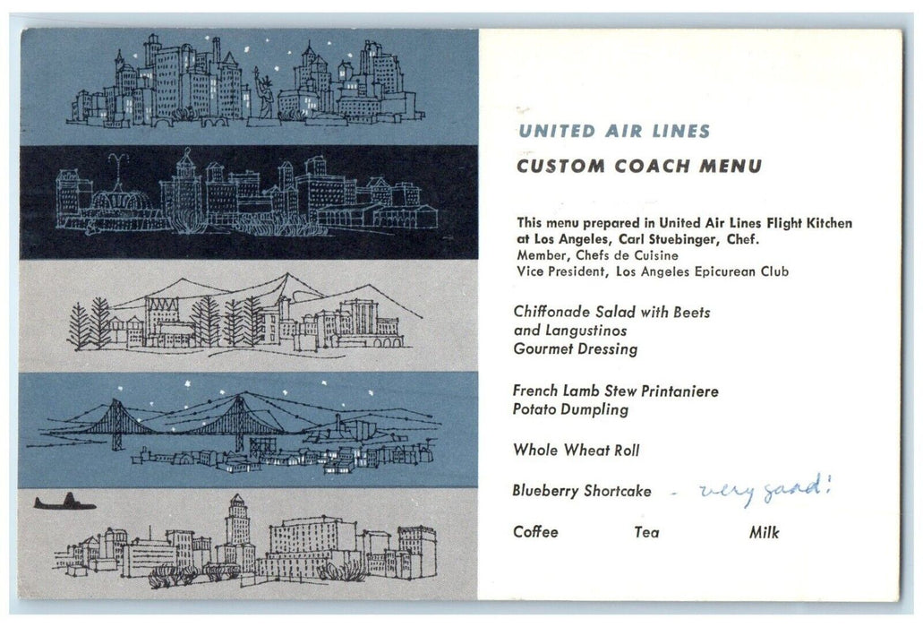 1960 United Air Lines Custom Coach Menu Multiview Seattle Washington WA Postcard