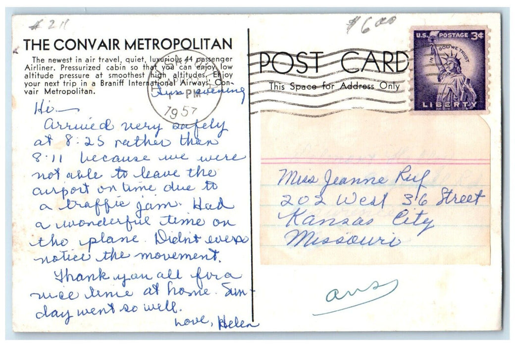 1957 Braniff International Airways Fly H3406 Tulsa Oklahoma OK Vintage Postcard