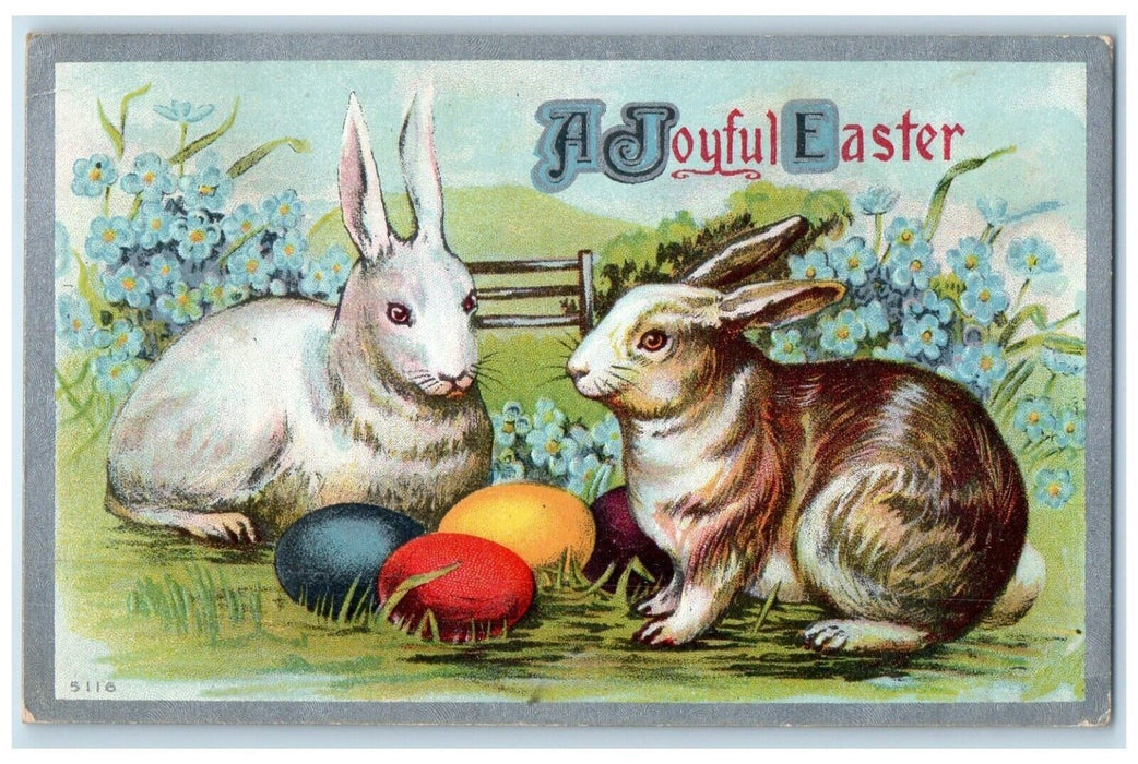 1910 Easter Bunnies Rabbit Eggs Pansies Flowers Vesper Kansas KS Posted Postcard