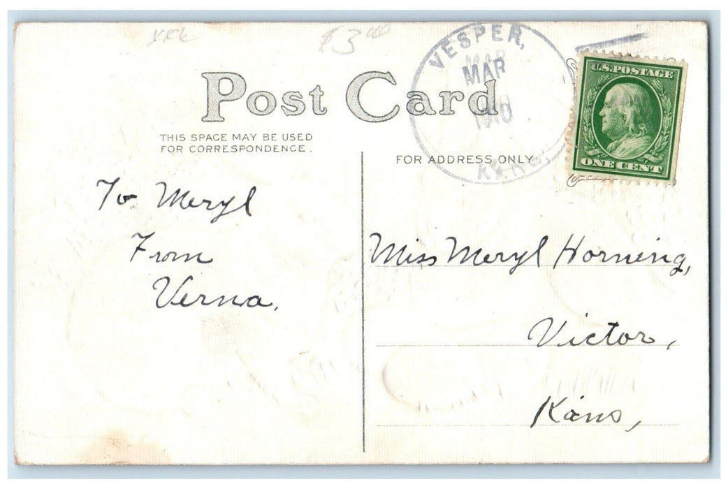 1910 Easter Bunnies Rabbit Eggs Pansies Flowers Vesper Kansas KS Posted Postcard
