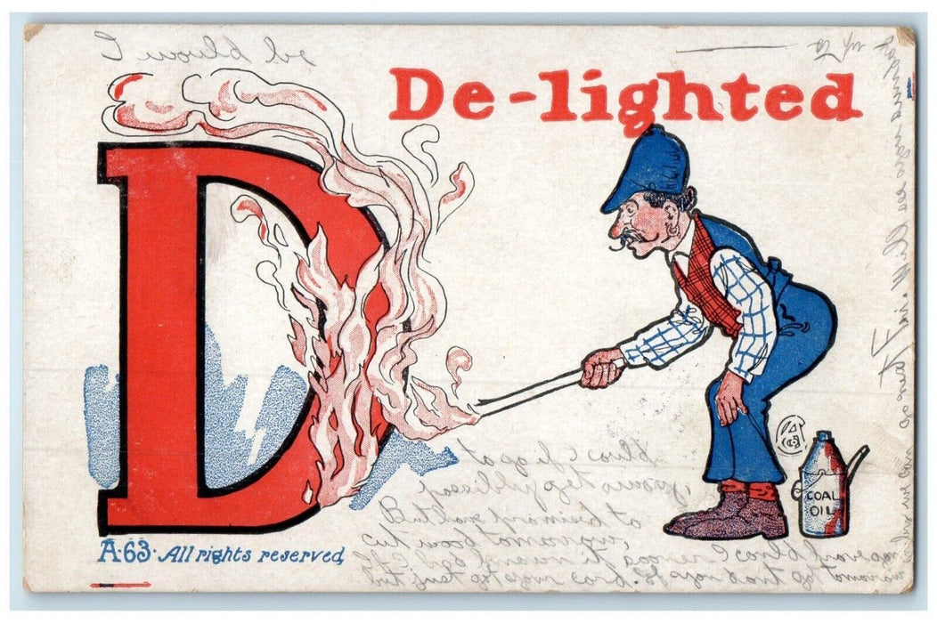 1907 Man De Lighted Fire D Large Number Coal Oil Luray Kansas KS Posted Postcard