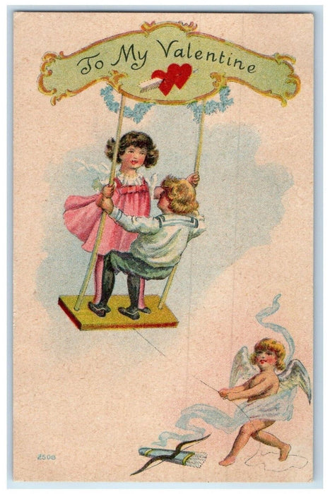 1909 Valentine Litte Sweetheart Swinging Cupid Angel Victor Kansas KS Postcard