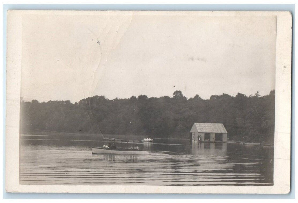 c1910's Lake Boat Men Women Boathouse View Glencoe MN RPPC Photo Posted Postcard