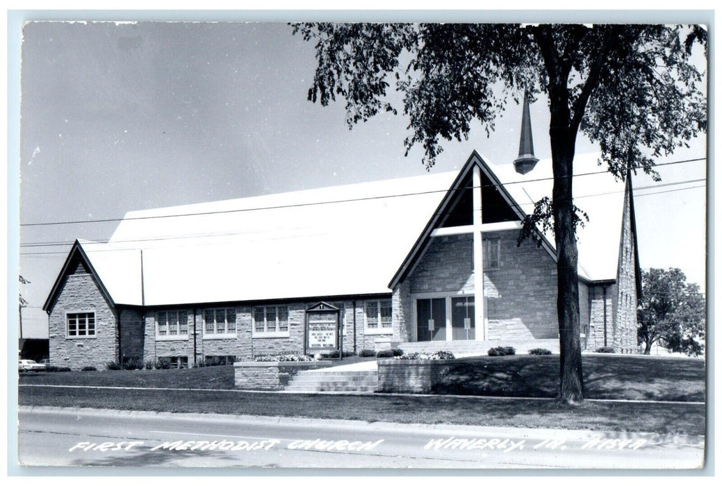 First Methodist Church Scene Street Waverly Iowa IA RPPC Photo Vintage Postcard