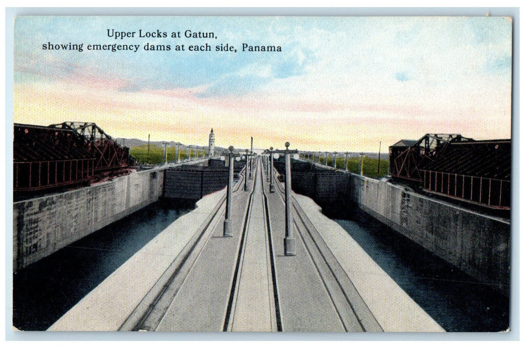 c1910 Upper Locks at Gatun Showing Emergency Dams at Each Side Panama Postcard