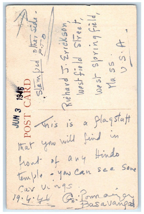 1946 A Temple Garudasthumbum (Flagstaff) India Posted Vintage Postcard