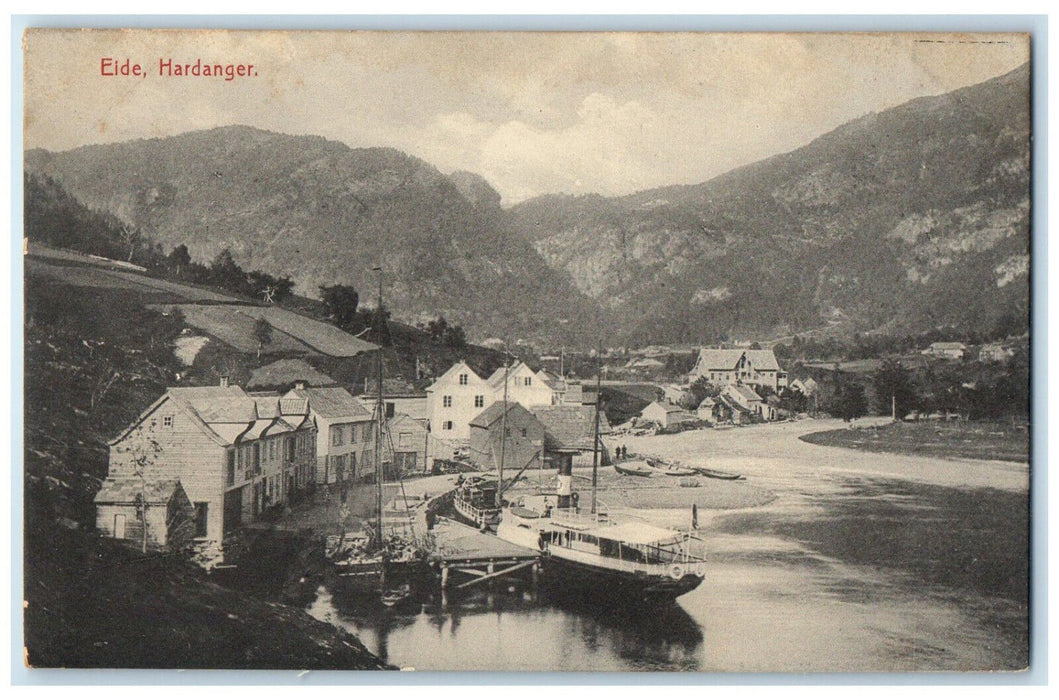 c1910 Steamboat Landing Lake Mountains Eide Hardanger Fjord Norway Postcard