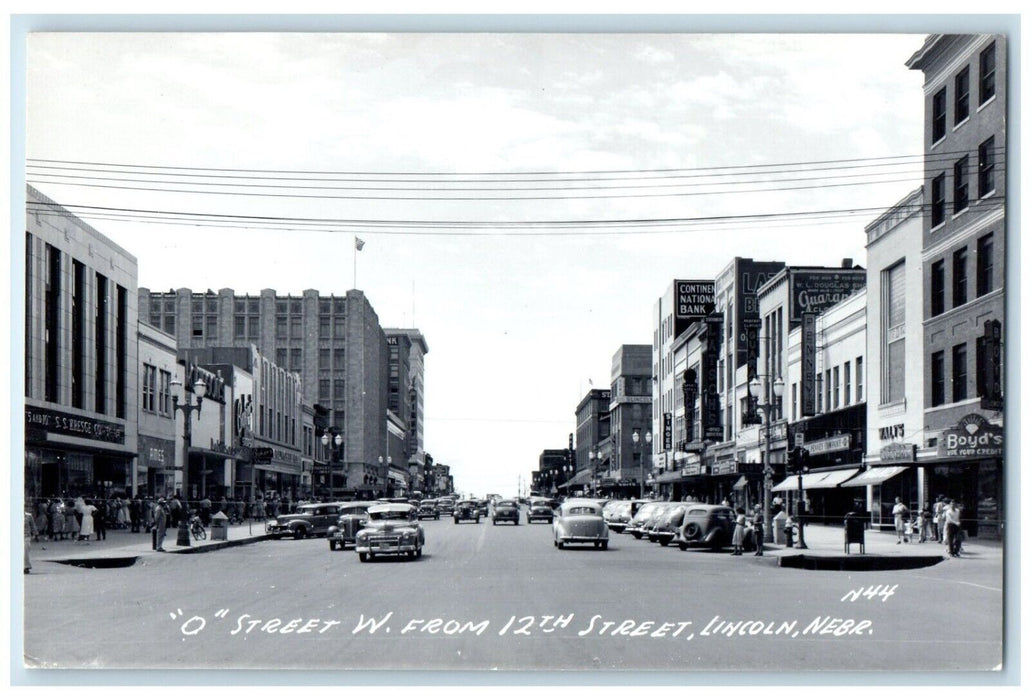 c1940s O Street W. From 12th Street Cars Lincoln Nebraska NE RPPC Photo Postcard