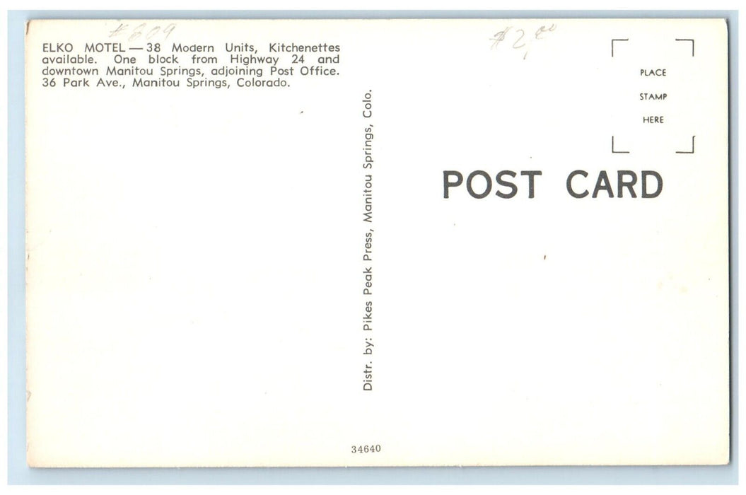 c1960 Elko Motel Modern Units Post Office Manitou Springs Colorado CO Postcard