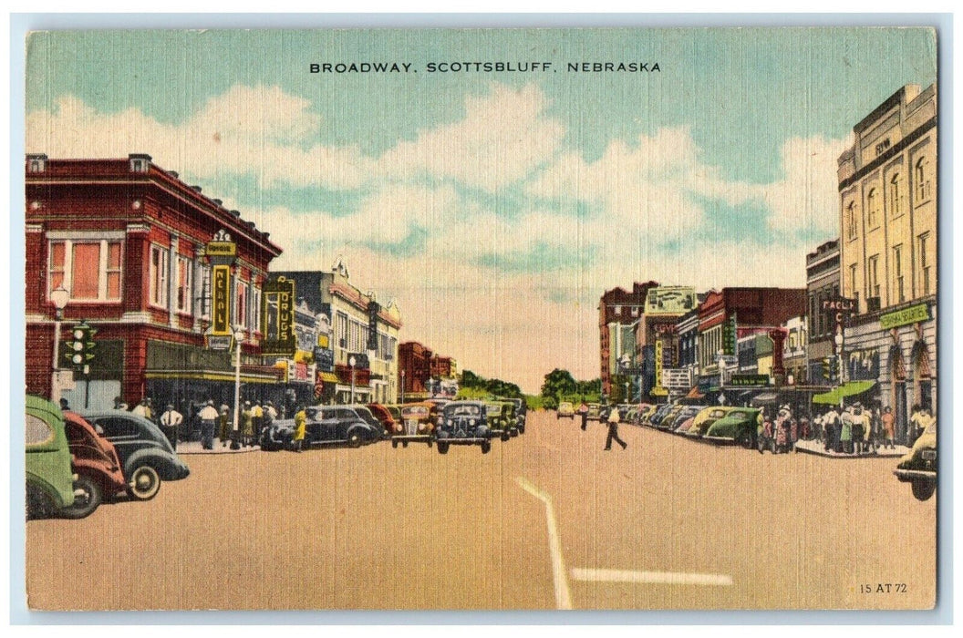 c1940 Busy Day Classic Cars Broadway Scottsbluff Nebraska NE Vintage Postcard