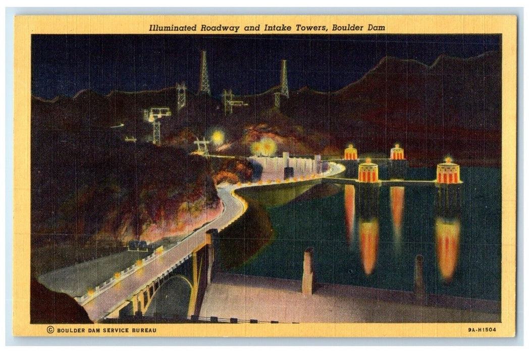 c1940's Illuminated Roadway And Intake Towers Boulder Dam Nevada NV Postcard