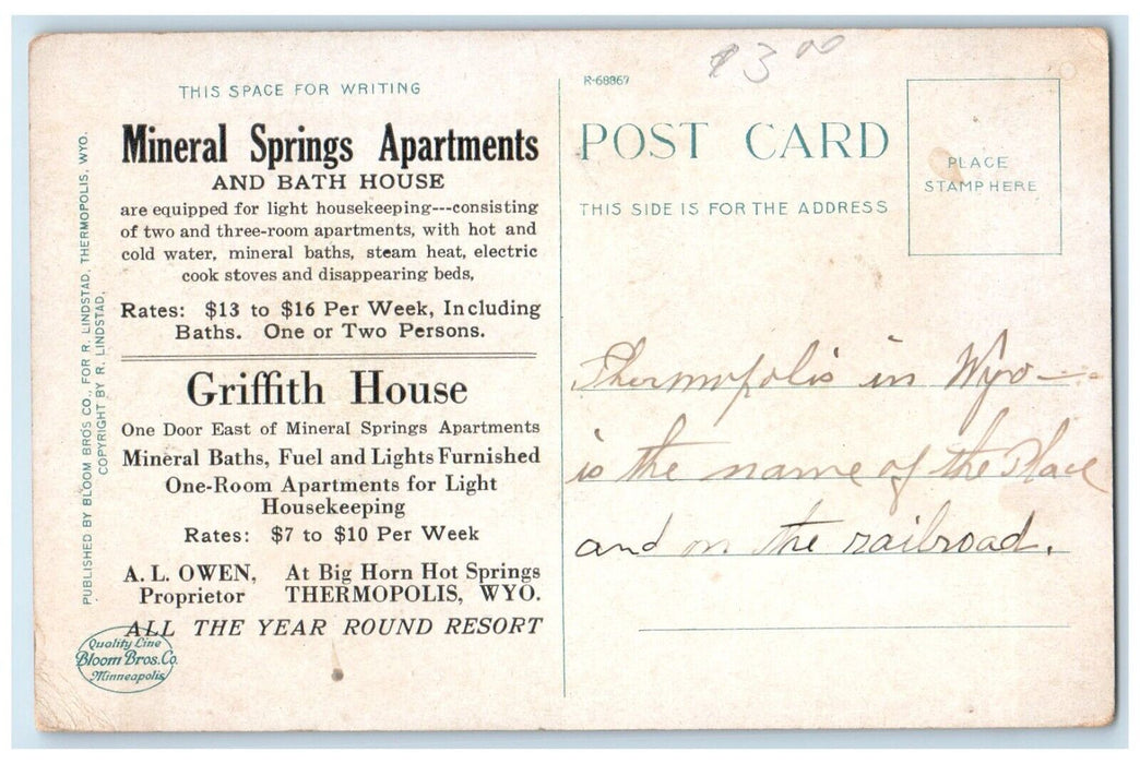 c1920 Driveway Big Horn Hot Springs Thermopolis Wyoming WY Advertising Postcard