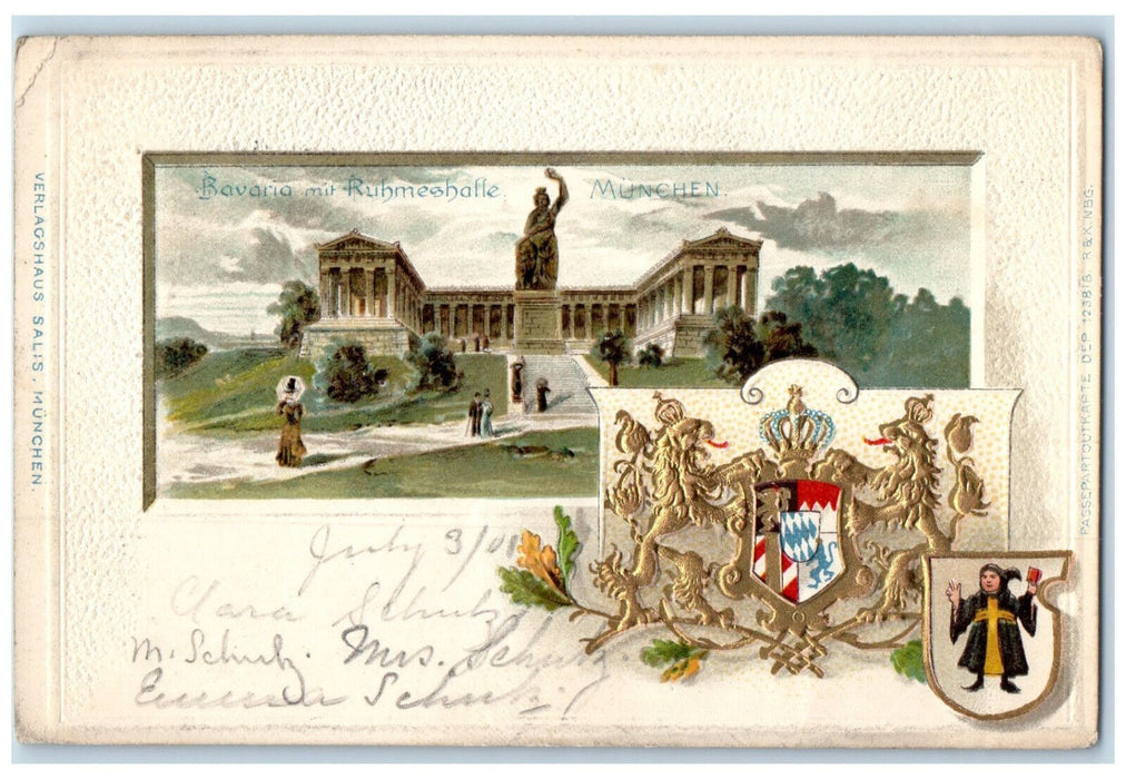 1901 Bavaria Mit Ruhmeshalle Munich Germany Antique Embossed Postcard