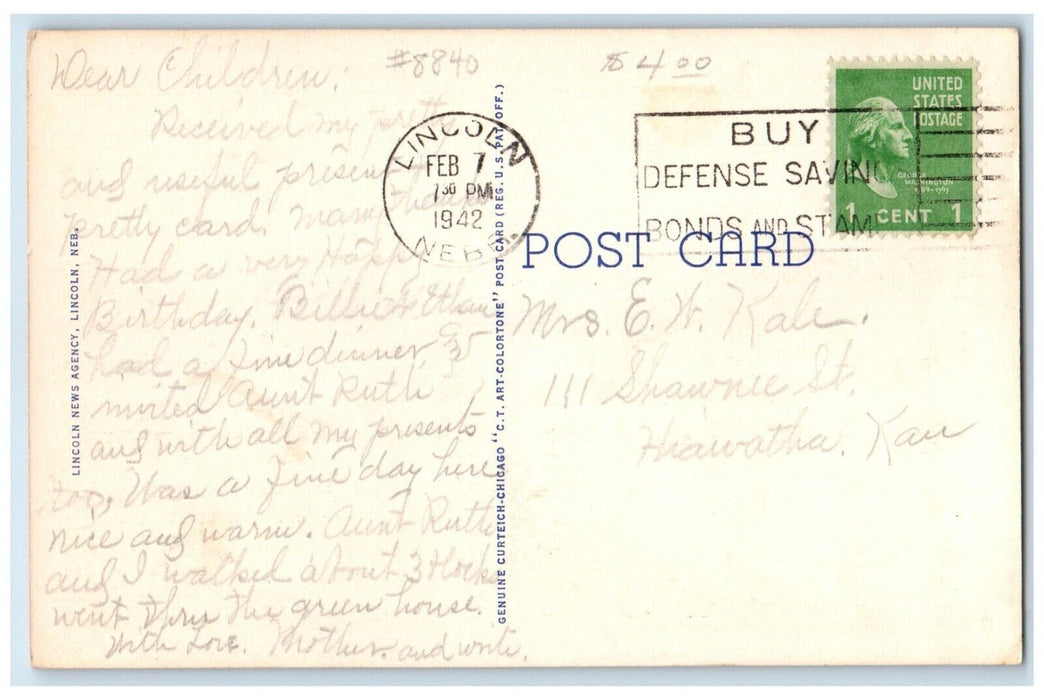 1942 Aerial View O Street Looking East Buildings Cars Lincoln Nebraska Postcard