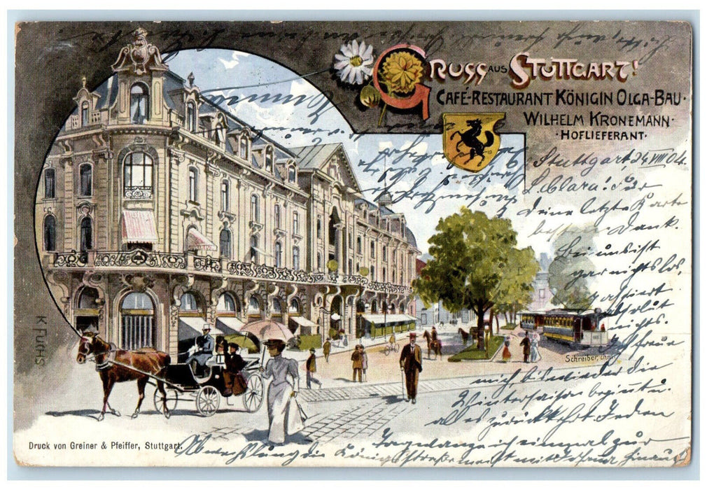 1904 Cafe Restaurant Konigin Olga Bau Greetings from Stuttgart Postcard