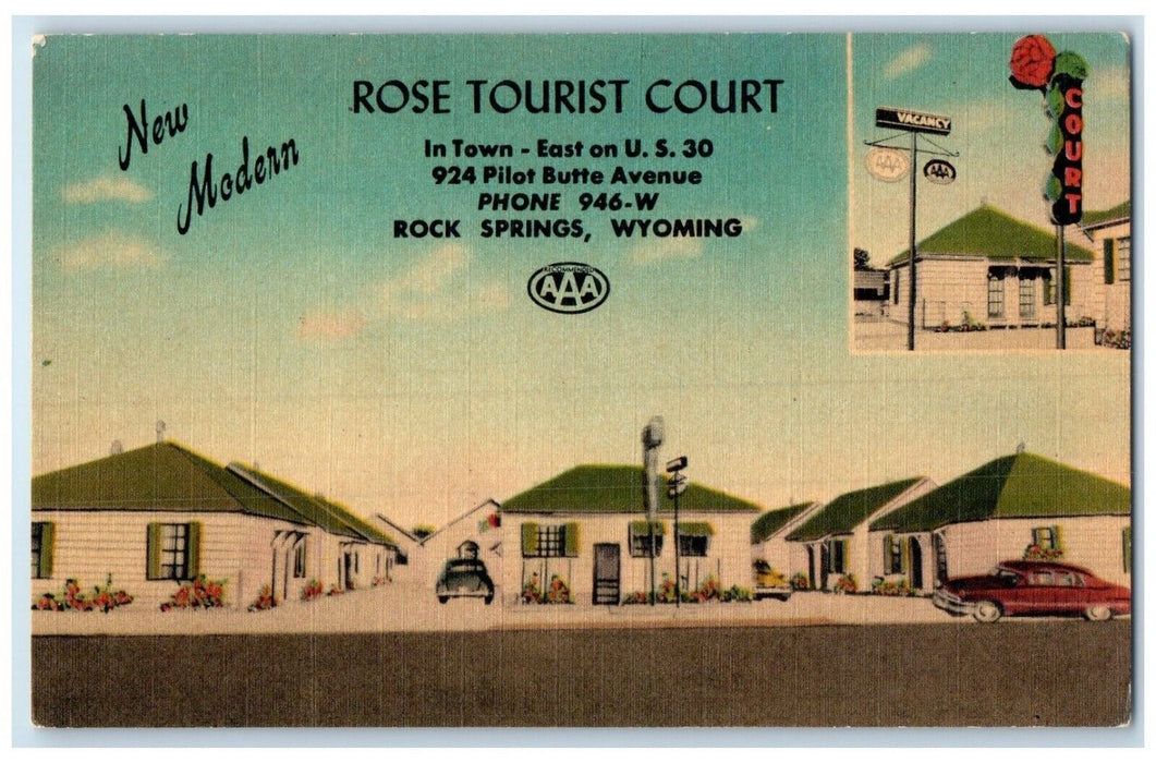 c1940 Rose Tourist Court Pilot Butte Avenue Road Rock Springs Wyoming Postcard