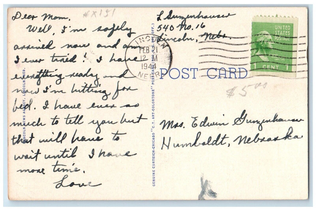 1944 College Agriculture University Nebraska Lincoln Nebraska Vintage Postcard