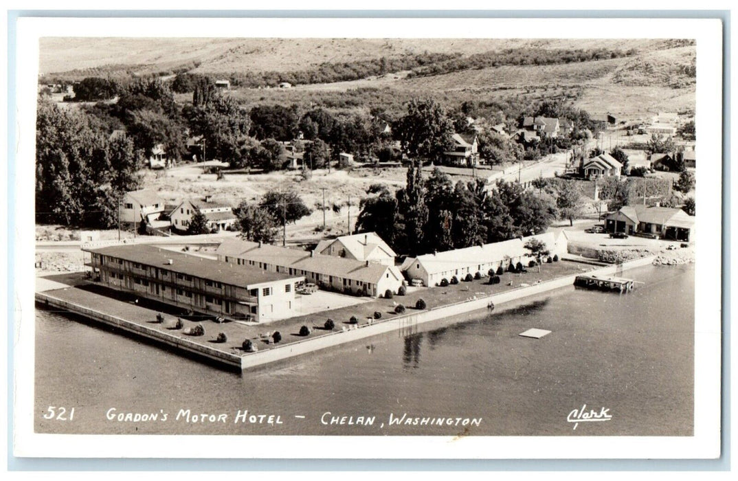 Aeiral View Gordon's Motor Hotel Chelan Washington WA Clark RPPC Photo Postcard