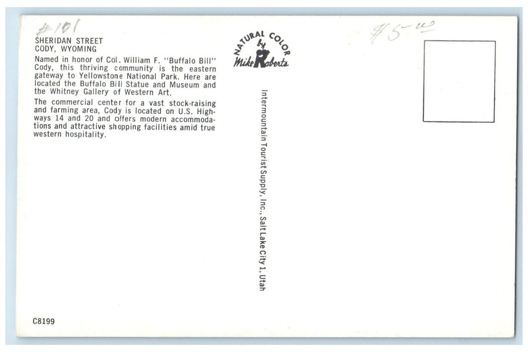 c1960 Buffalo Bill Sheridan Street Exterior Classic Cars Cody Wyoming Postcard