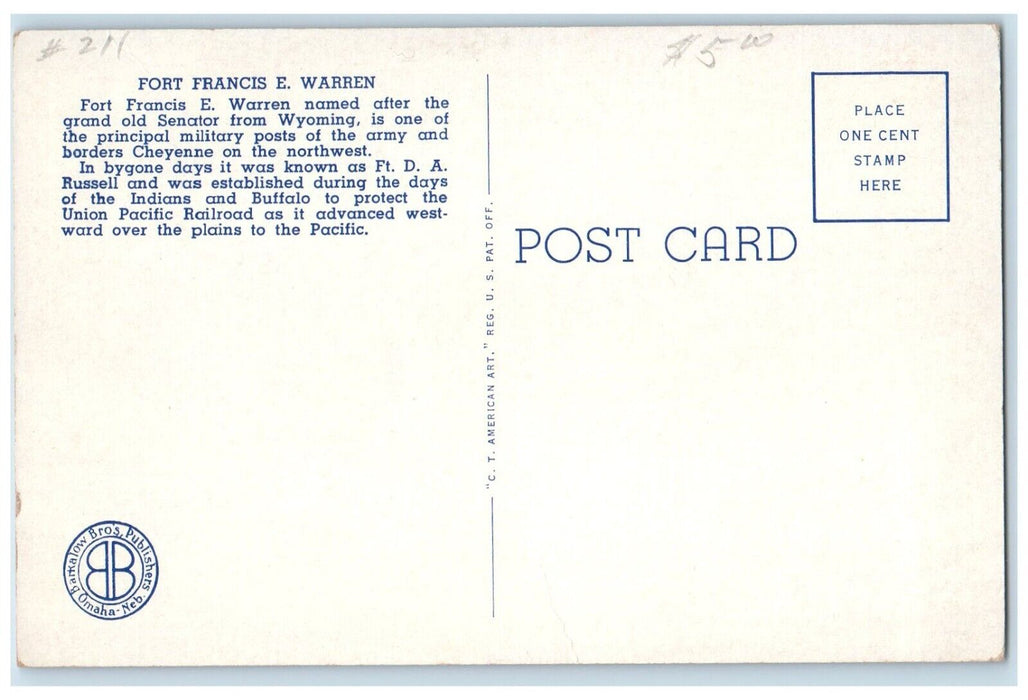 c1940 Union Pacific Railroad Fort Francis Warren Air Cheyenne Wyoming Postcard