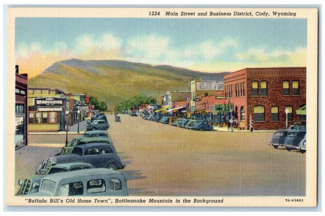 c1940 Main Street Business District Buffalo Bills Old Home Cody Wyoming Postcard