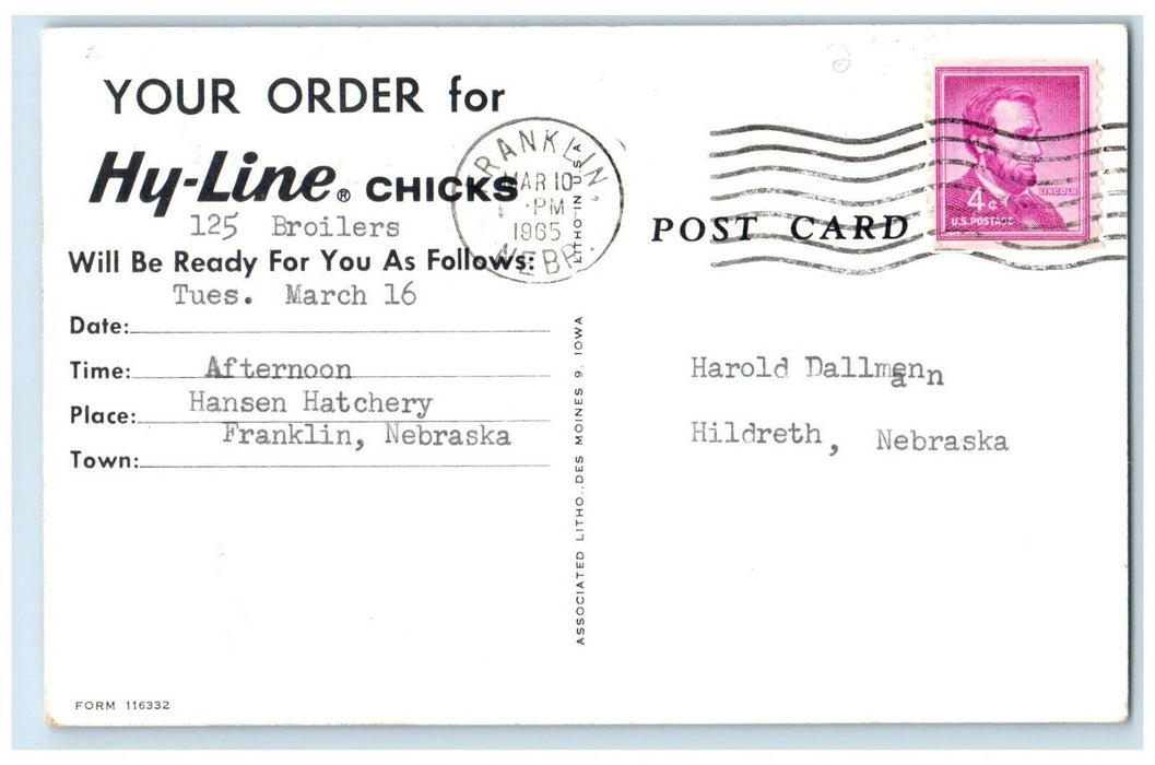 1965 Hy-Line Chicks Advertising Hildreth Franklin Nebraska NE Vintage Postcard